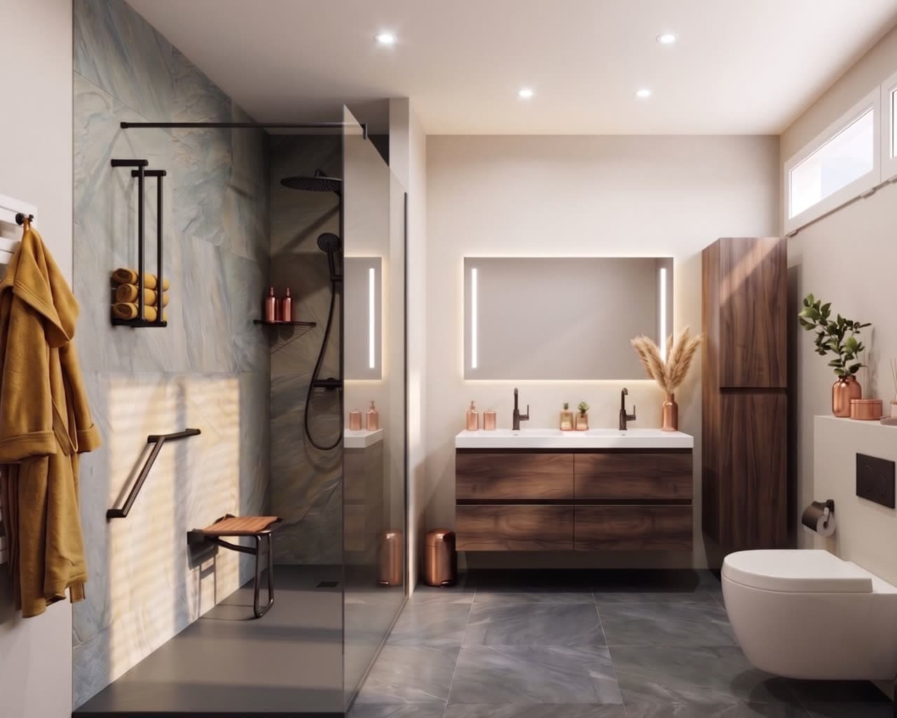 Badkamer in avondsteen — warm grafiet